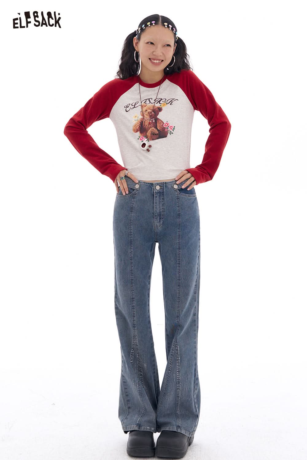 ELFSACK Preppy Style Contrast Printed Raglan Long Sleeve T-shirt Women's Y2K Cropped Top