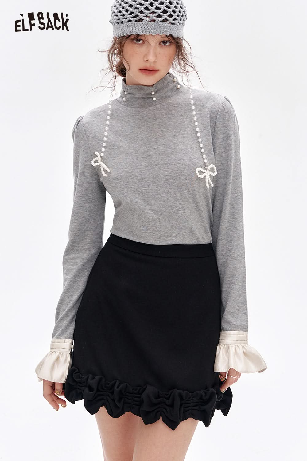 ELFSACK French beading pearl long-sleeved base T-shirt Lace patchwork tops