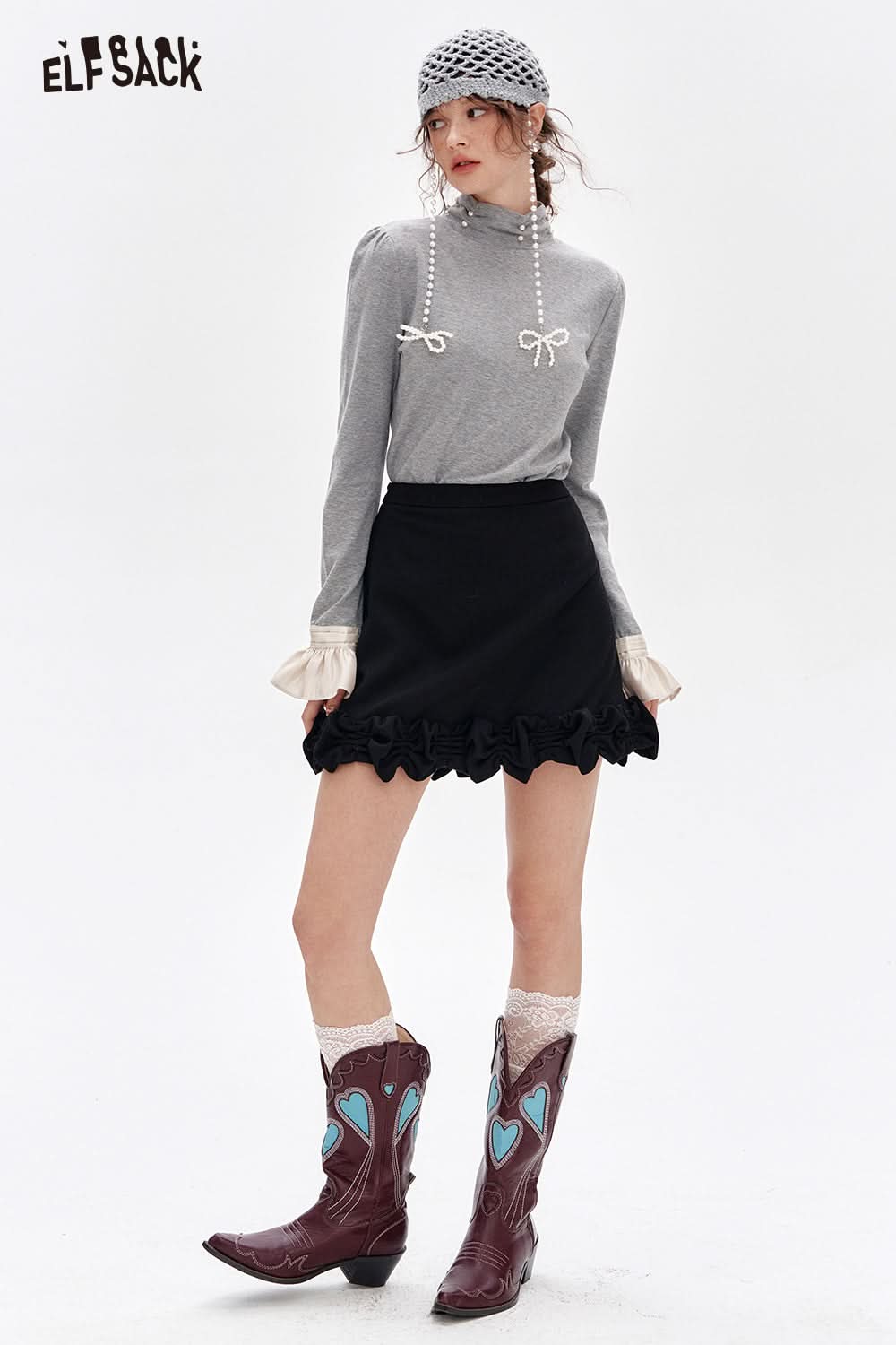 ELFSACK French beading pearl long-sleeved base T-shirt Lace patchwork tops