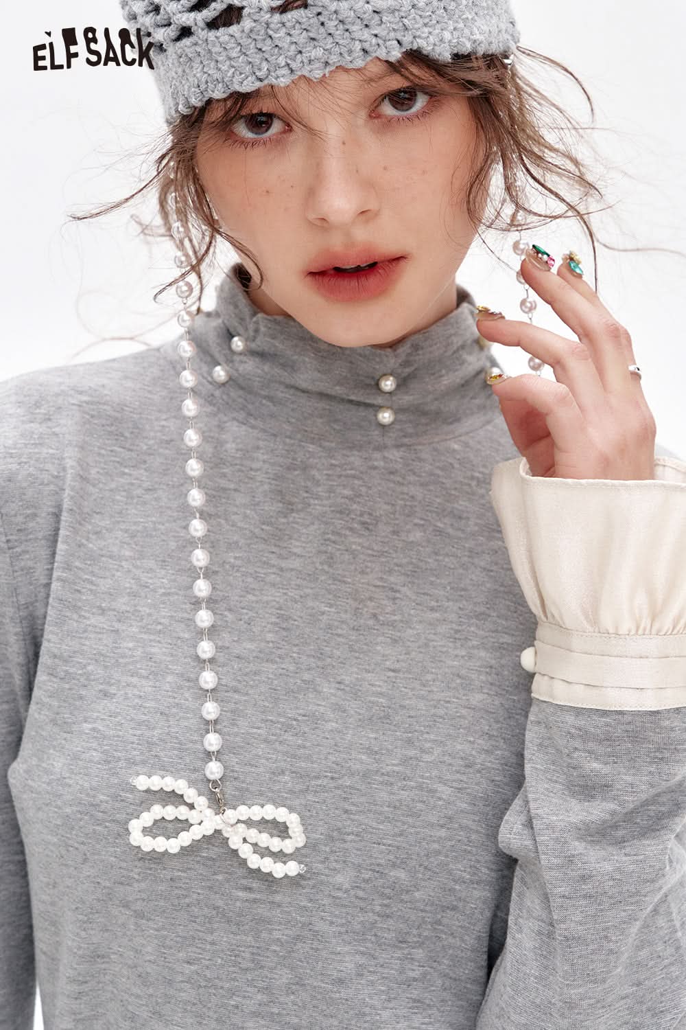 ELFSACK French beading pearl long-sleeved base T-shirt Lace patchwork tops