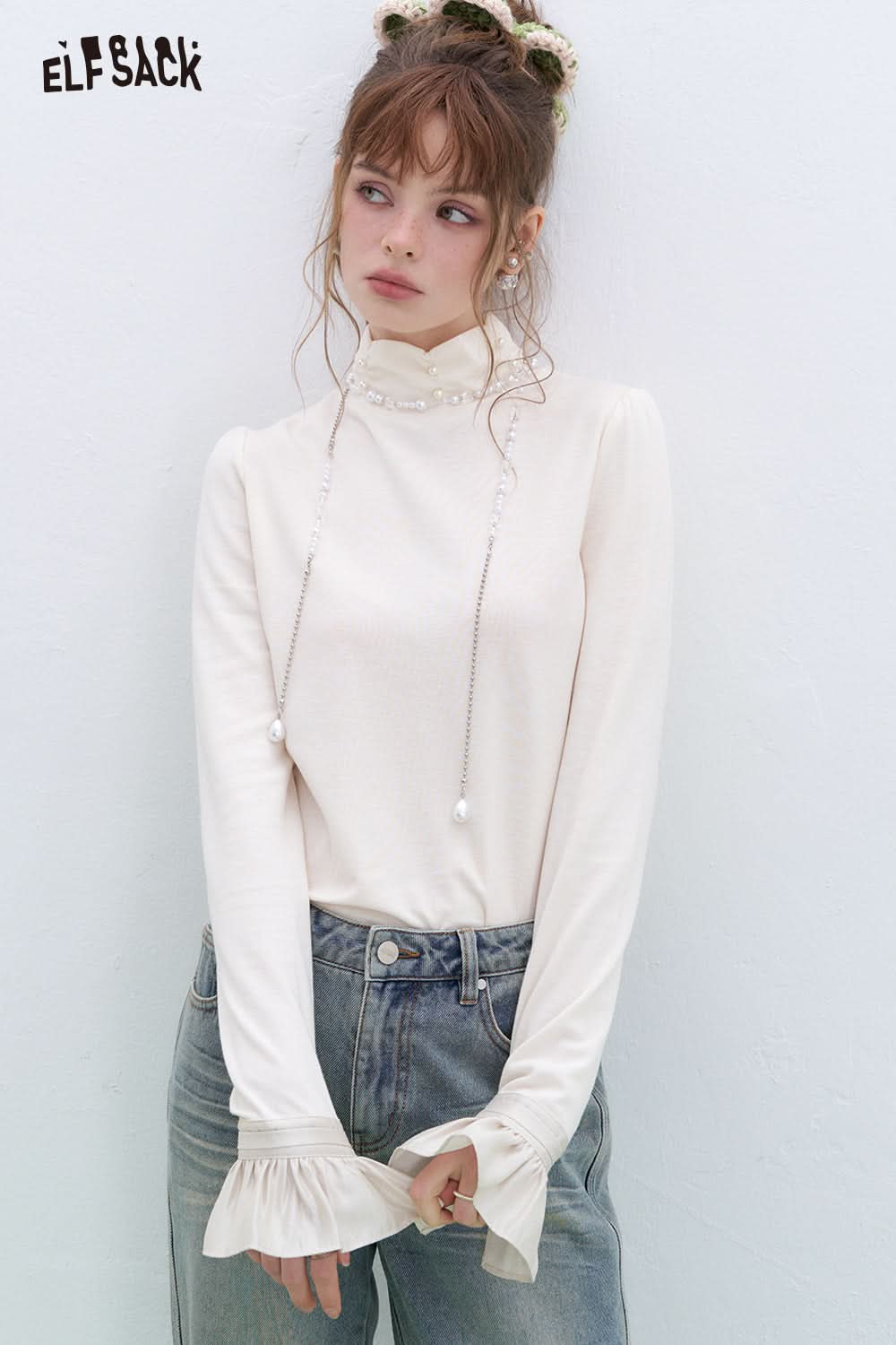 ELFSACK French beading pearl long-sleeved base T-shirt Lace patchwork tops