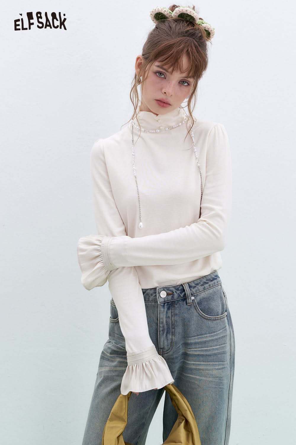 ELFSACK French beading pearl long-sleeved base T-shirt Lace patchwork tops