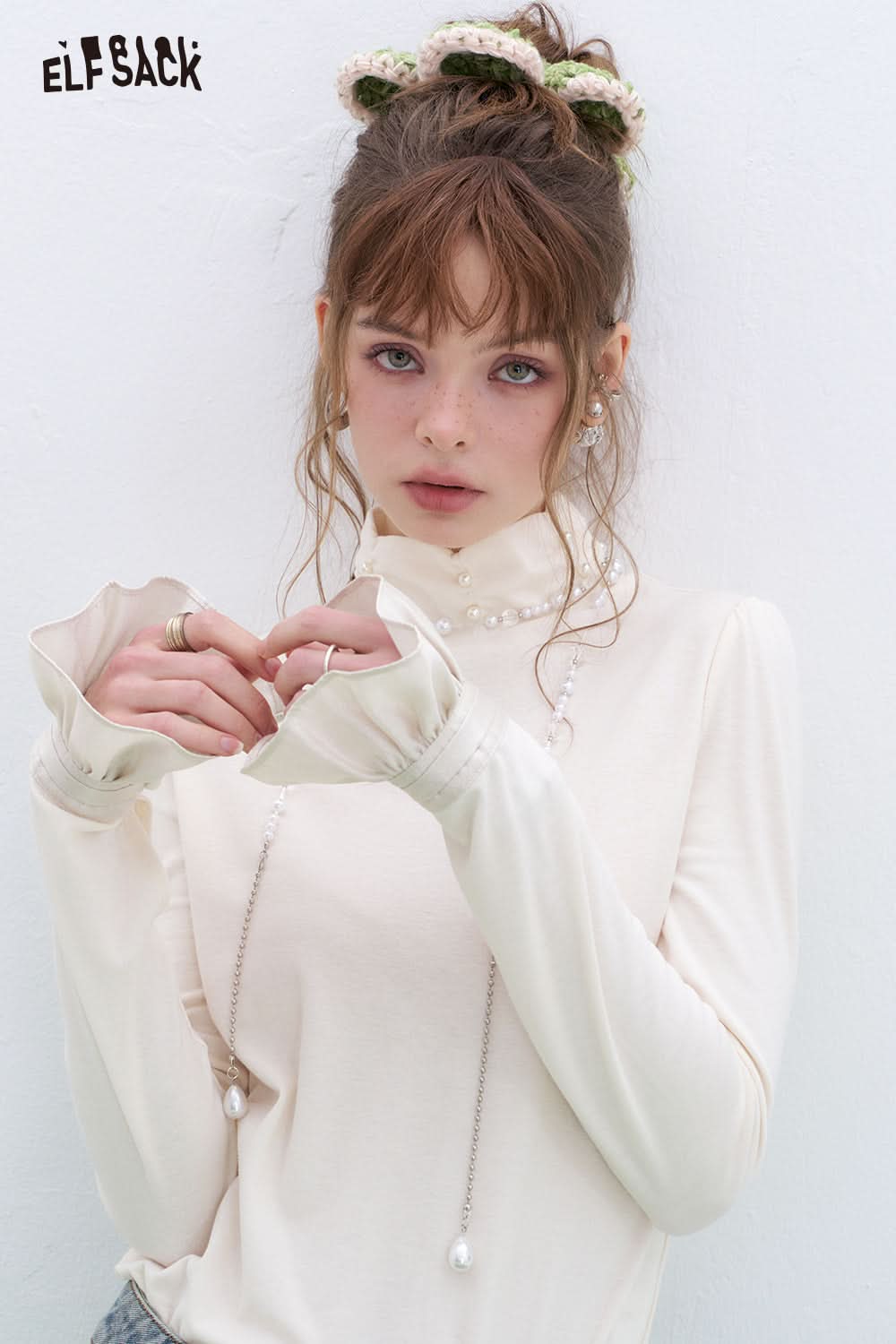 ELFSACK French beading pearl long-sleeved base T-shirt Lace patchwork tops