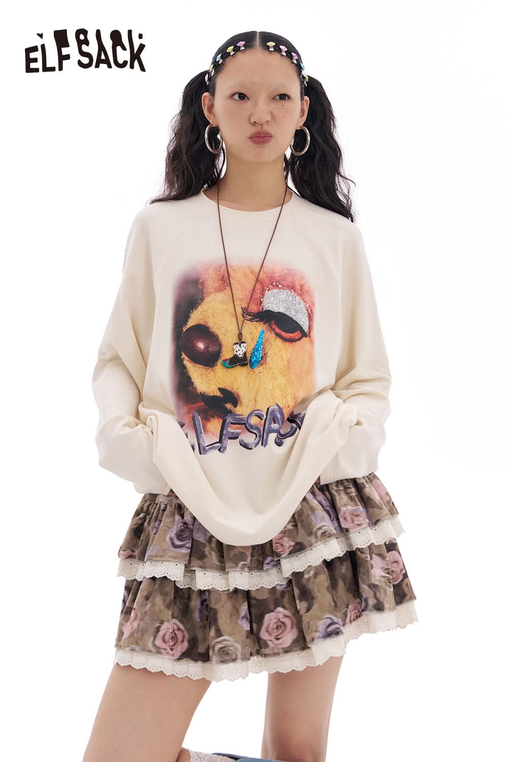 ELFSACK Bear Print Long Sleeve T-Shirt Women Loose Casual Y2K O-Neck Top