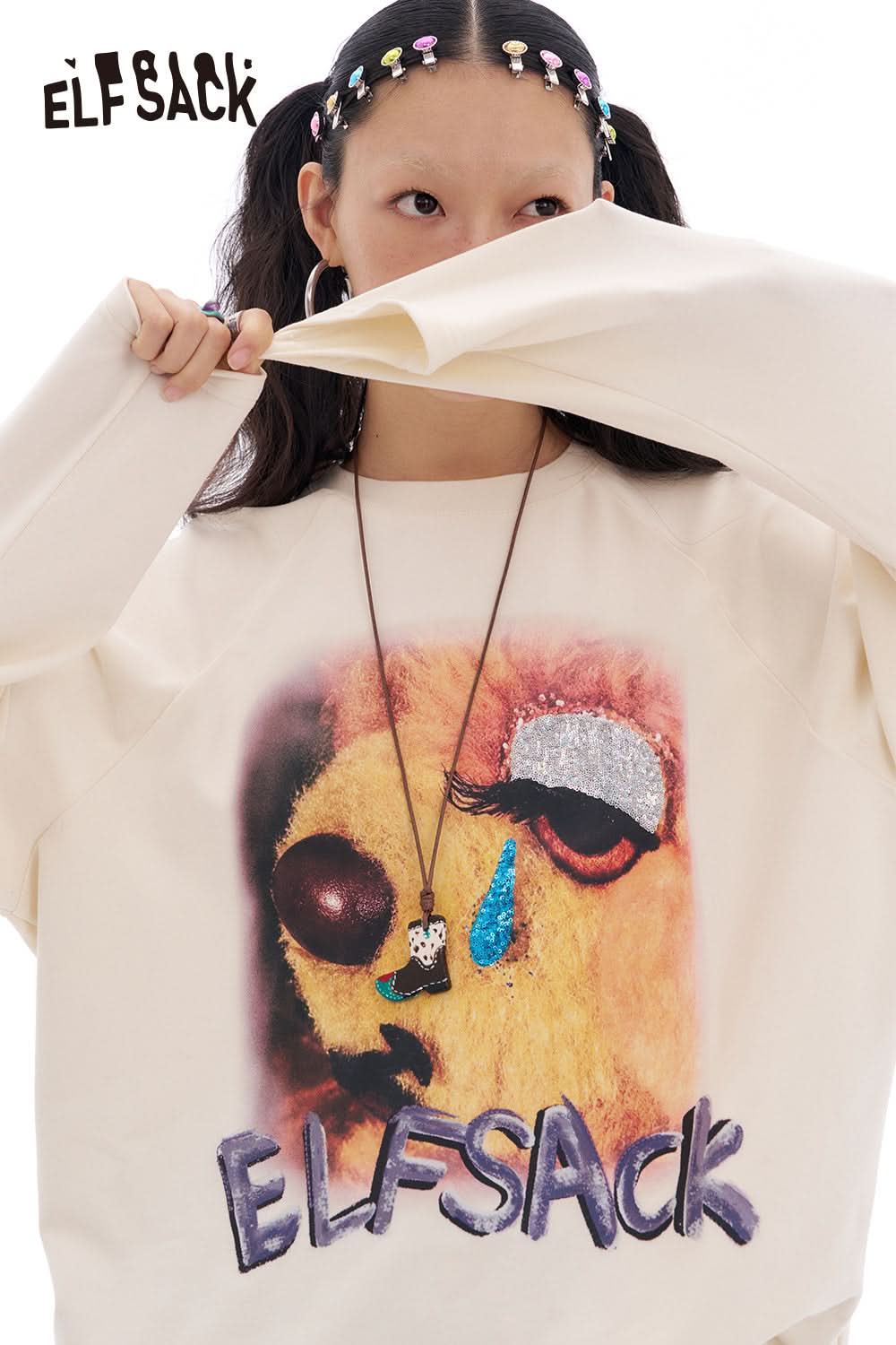 ELFSACK Bear Print Long Sleeve T-Shirt Women Loose Casual Y2K O-Neck Top