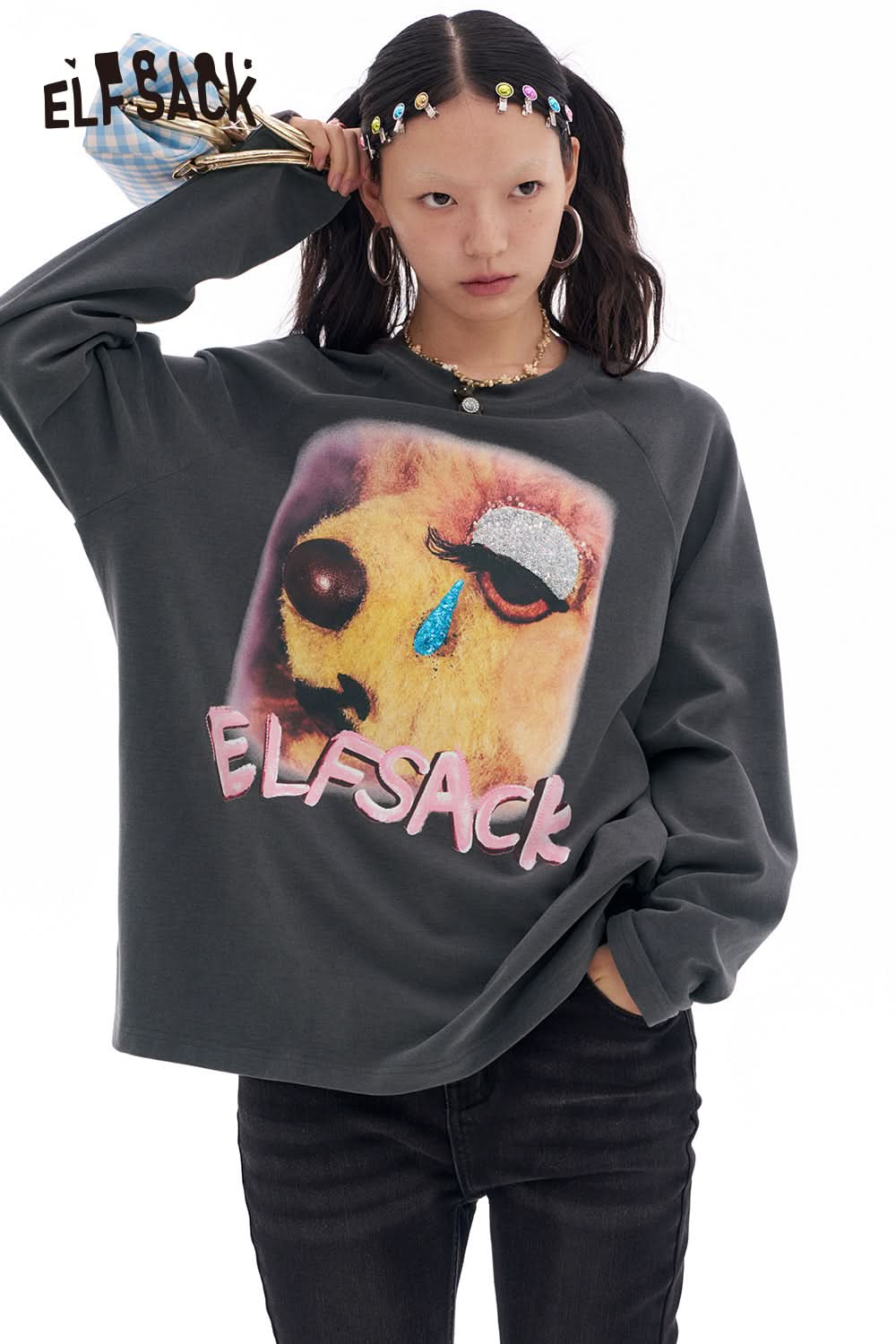 ELFSACK Bear Print Long Sleeve T-Shirt Women Loose Casual Y2K O-Neck Top