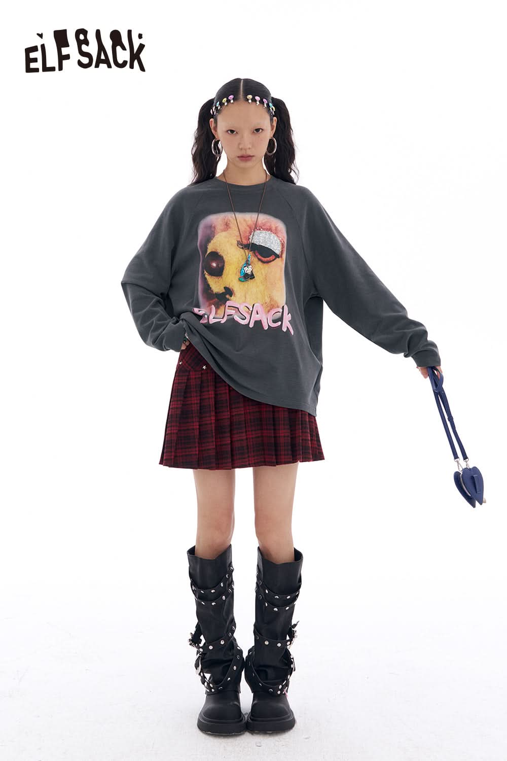 ELFSACK Bear Print Long Sleeve T-Shirt Women Loose Casual Y2K O-Neck Top