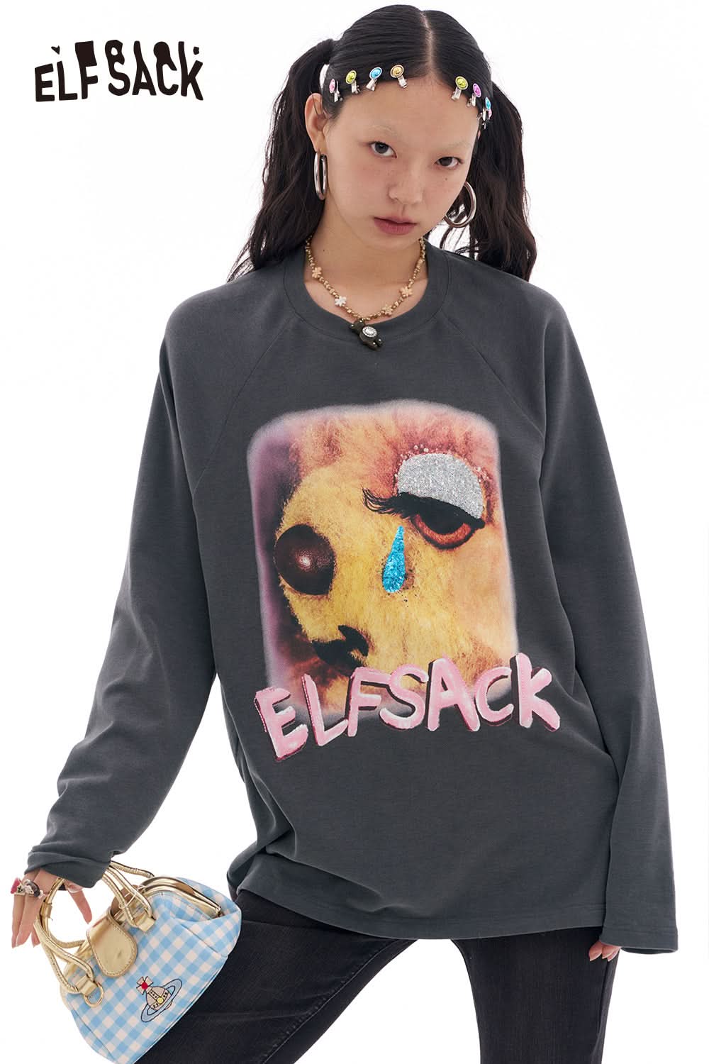 ELFSACK Bear Print Long Sleeve T-Shirt Women Loose Casual Y2K O-Neck Top