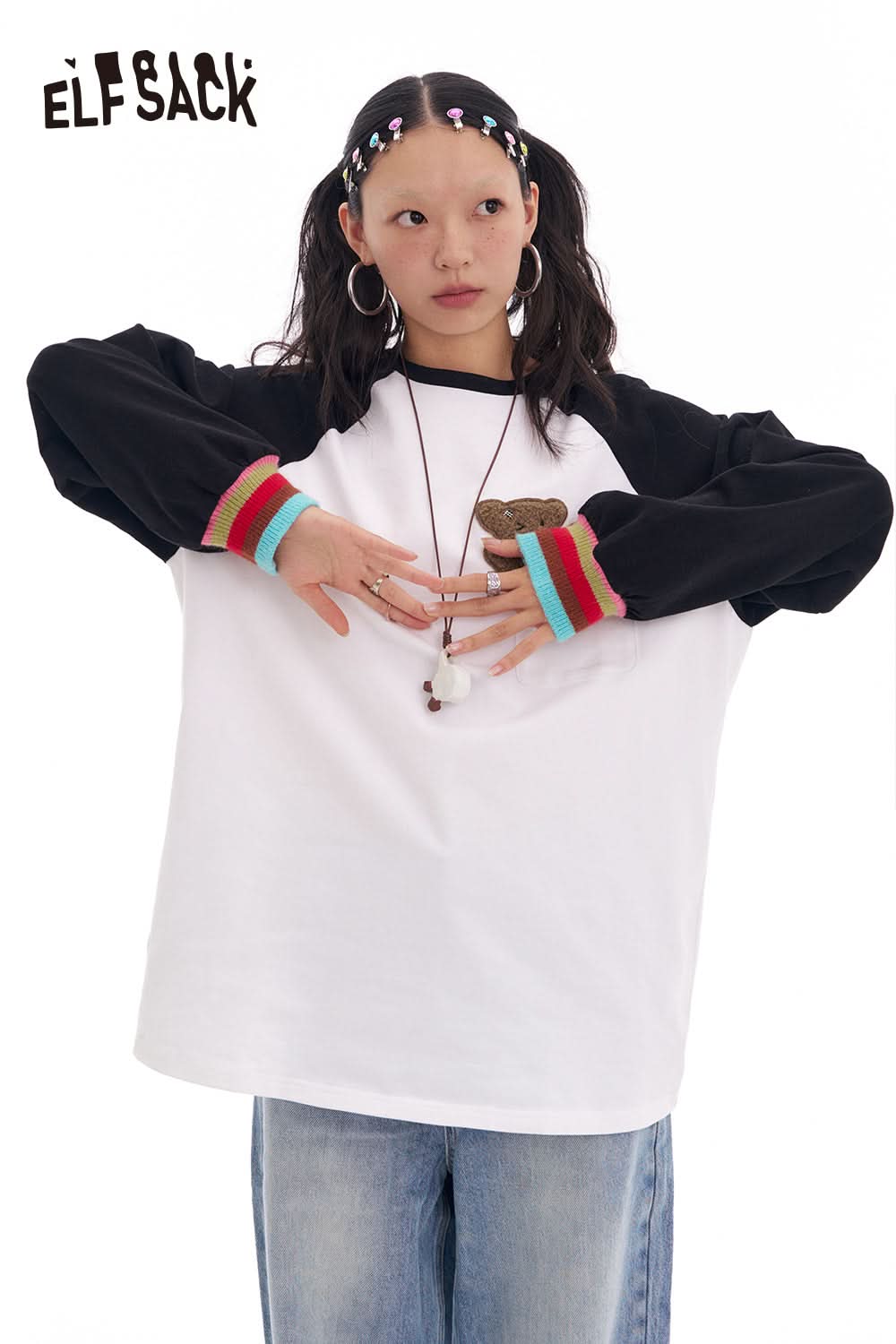 ELFSACK Contrast color raglan long sleeve t-shirt women's loose casual base layer top