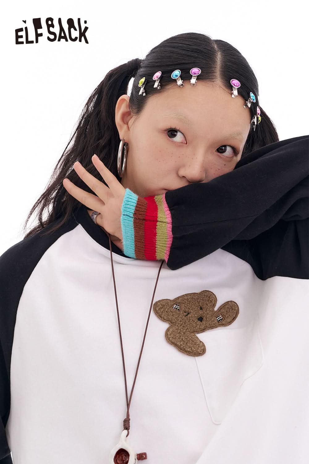 ELFSACK Contrast color raglan long sleeve t-shirt women's loose casual base layer top