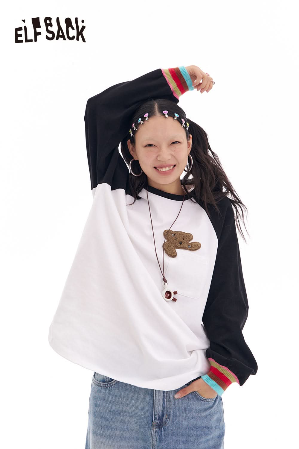 ELFSACK Contrast color raglan long sleeve t-shirt women's loose casual base layer top