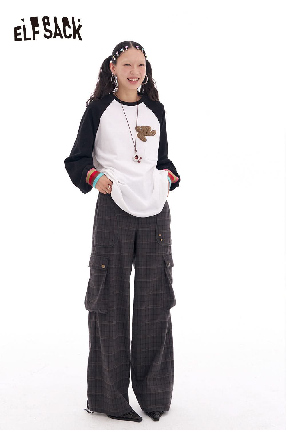 ELFSACK Contrast color raglan long sleeve t-shirt women's loose casual base layer top