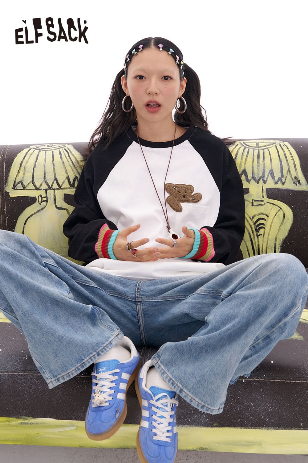 ELFSACK Contrast color raglan long sleeve t-shirt women's loose casual base layer top