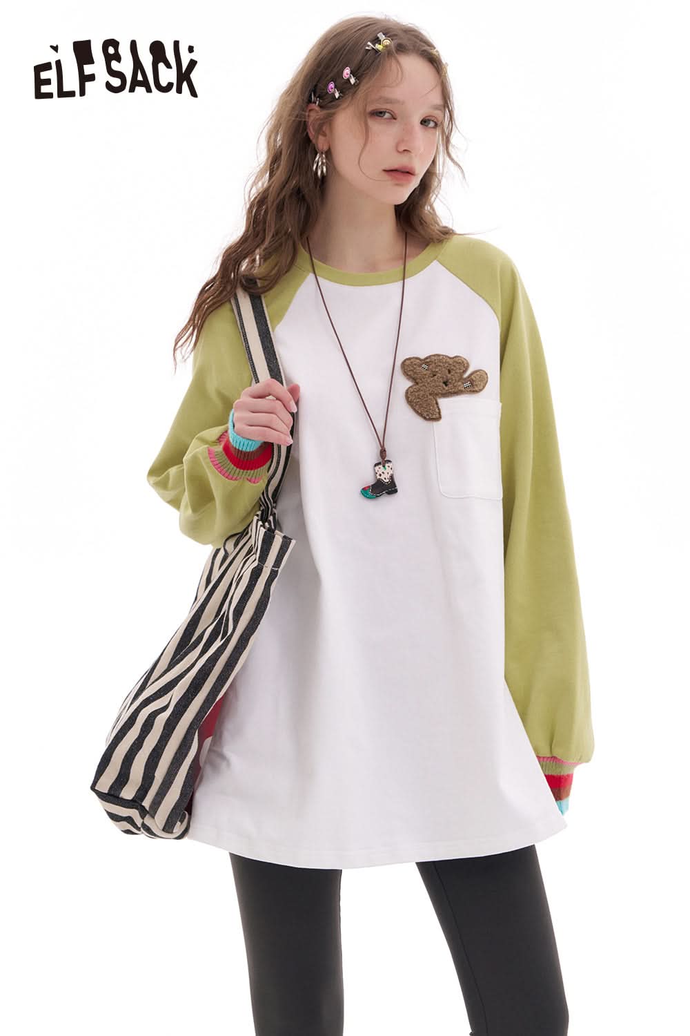 ELFSACK Contrast color raglan long sleeve t-shirt women's loose casual base layer top