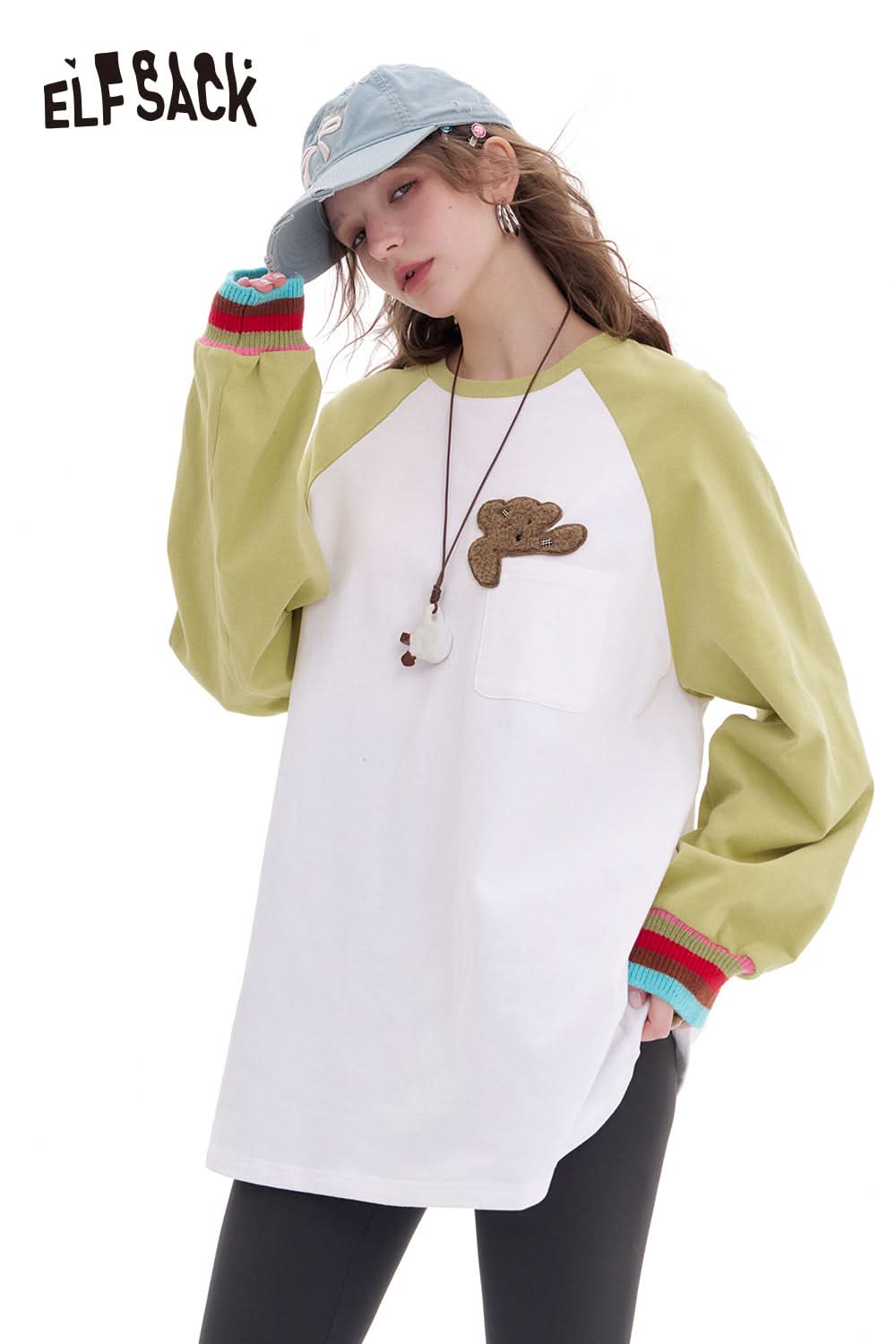 ELFSACK Contrast color raglan long sleeve t-shirt women's loose casual base layer top