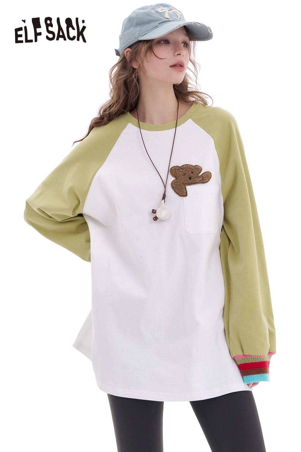 ELFSACK Contrast color raglan long sleeve t-shirt women's loose casual base layer top