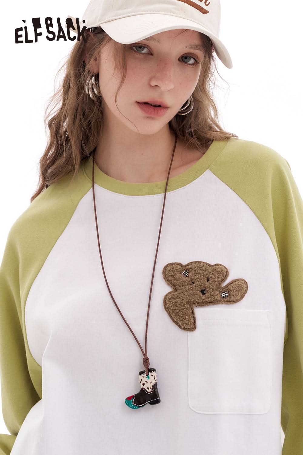 ELFSACK Contrast color raglan long sleeve t-shirt women's loose casual base layer top