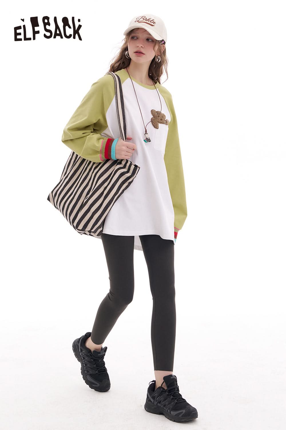 ELFSACK Contrast color raglan long sleeve t-shirt women's loose casual base layer top