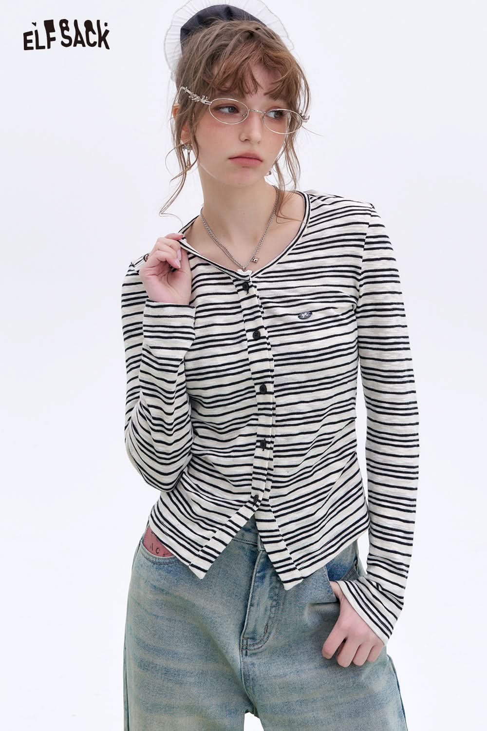 ELFSACK Black white striped slim fit long-sleeved T-shirt basic casual Korean top