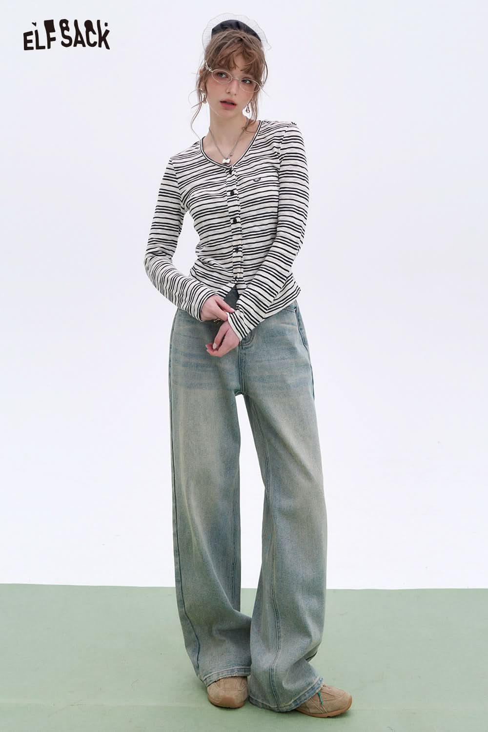 ELFSACK Black white striped slim fit long-sleeved T-shirt basic casual Korean top