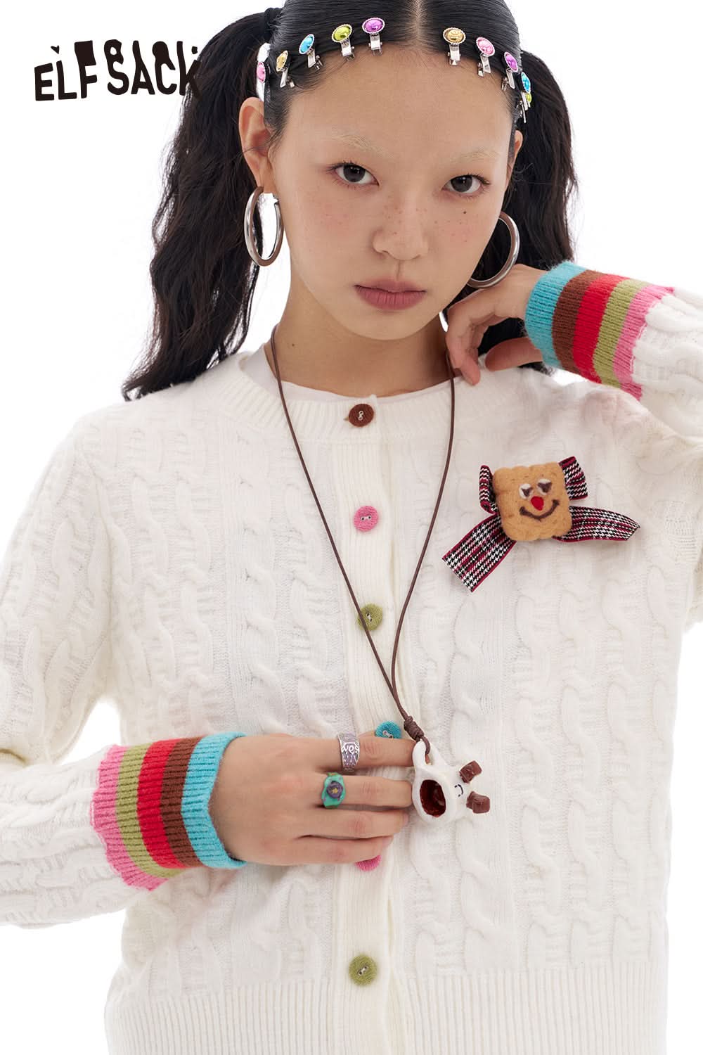 ELFSACK Sweet White Cable Knit Cardigan Sweater Women Fashion Preppy Style Korean Outerwear