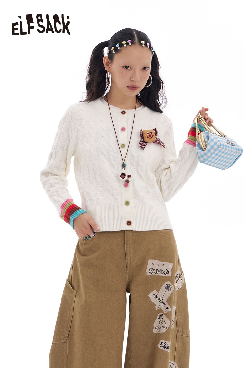 ELFSACK Sweet White Cable Knit Cardigan Sweater Women Fashion Preppy Style Korean Outerwear