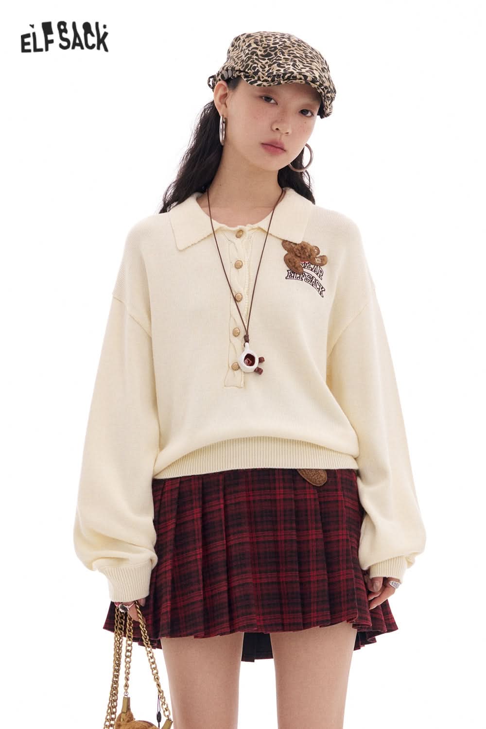 ELFSACK Polo Collar Bear Patch Knit Pullover Women Korean Preppy Style Sweater