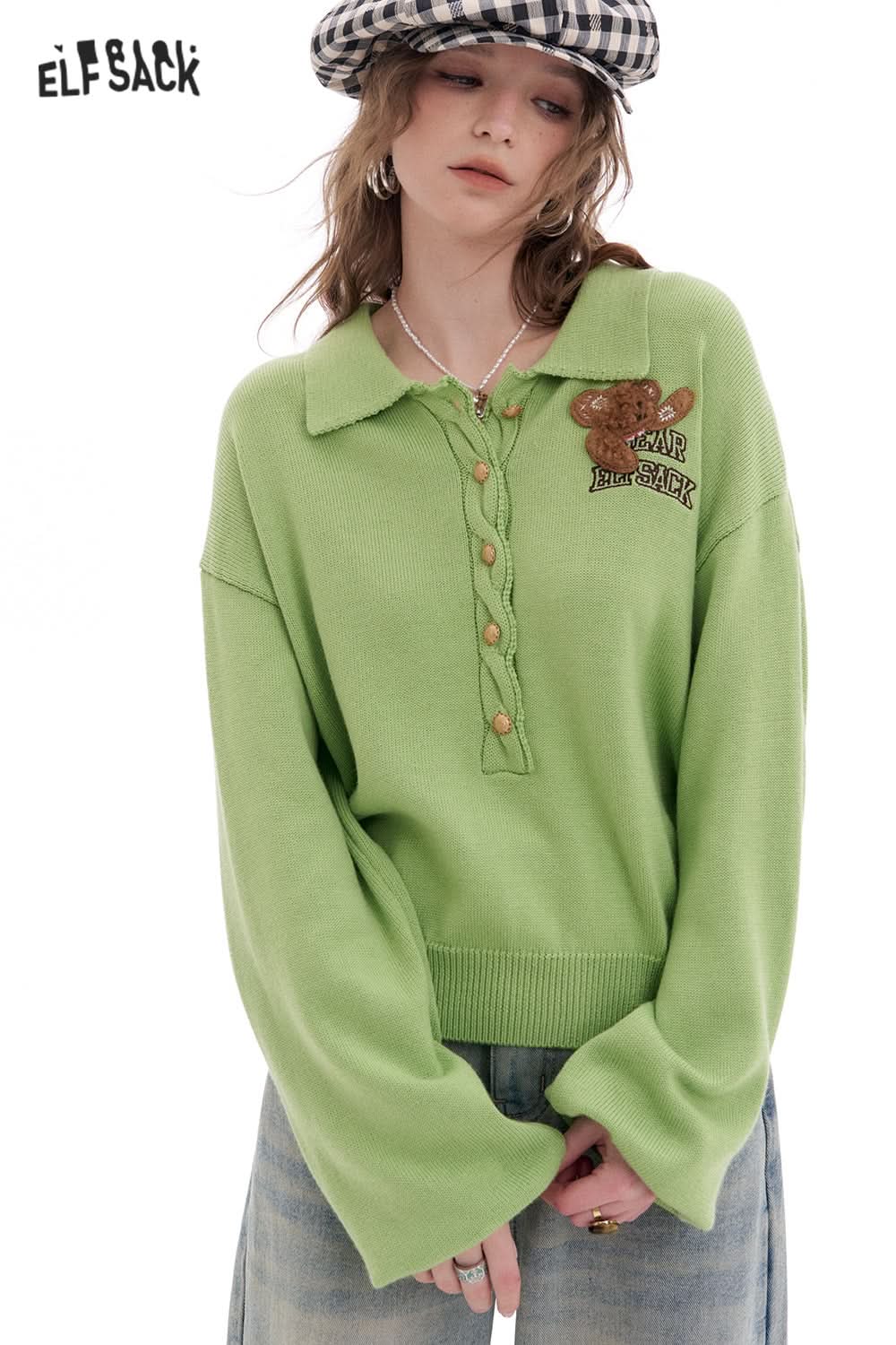 ELFSACK Polo Collar Bear Patch Knit Pullover Women Korean Preppy Style Sweater