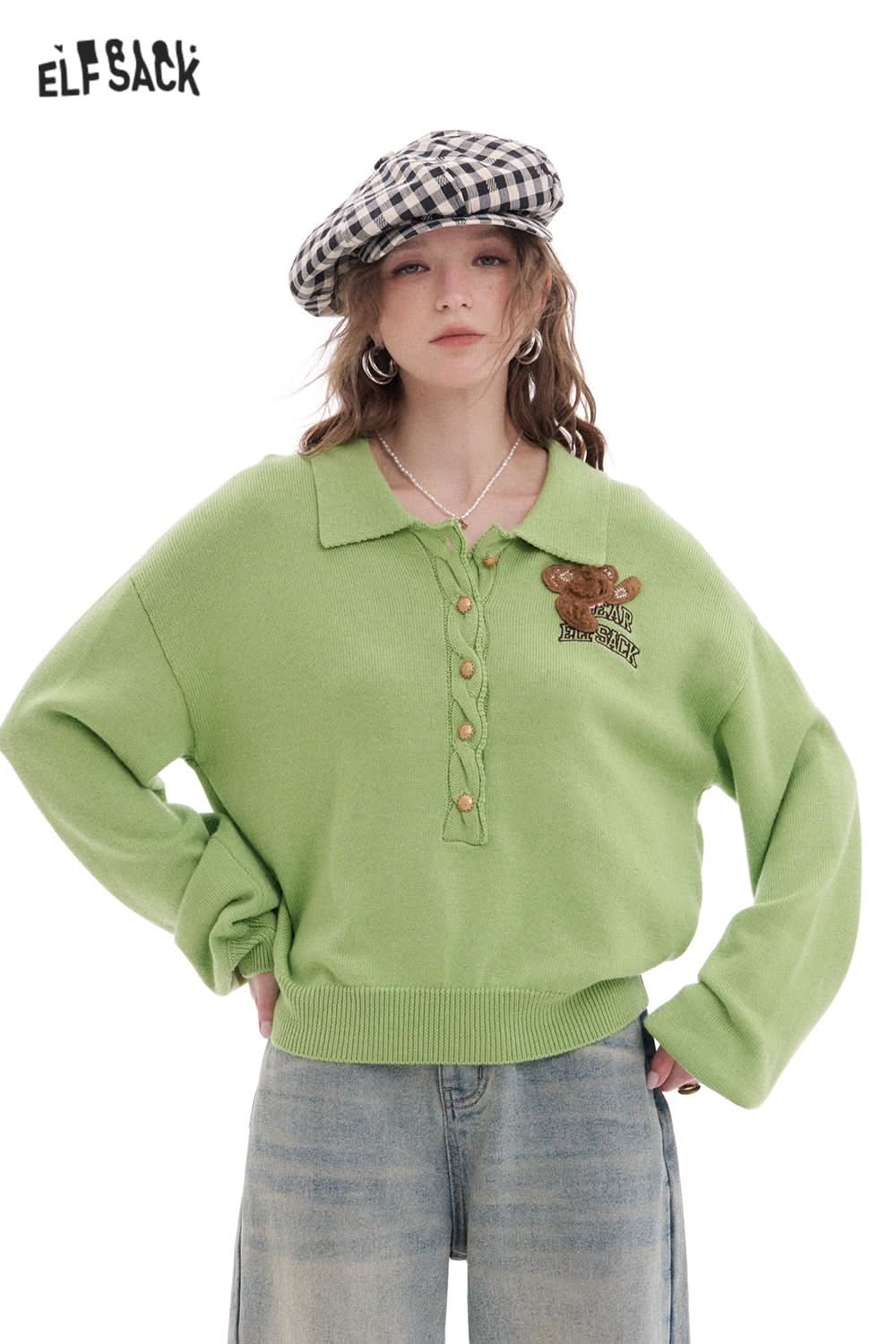 ELFSACK Polo Collar Bear Patch Knit Pullover Women Korean Preppy Style Sweater
