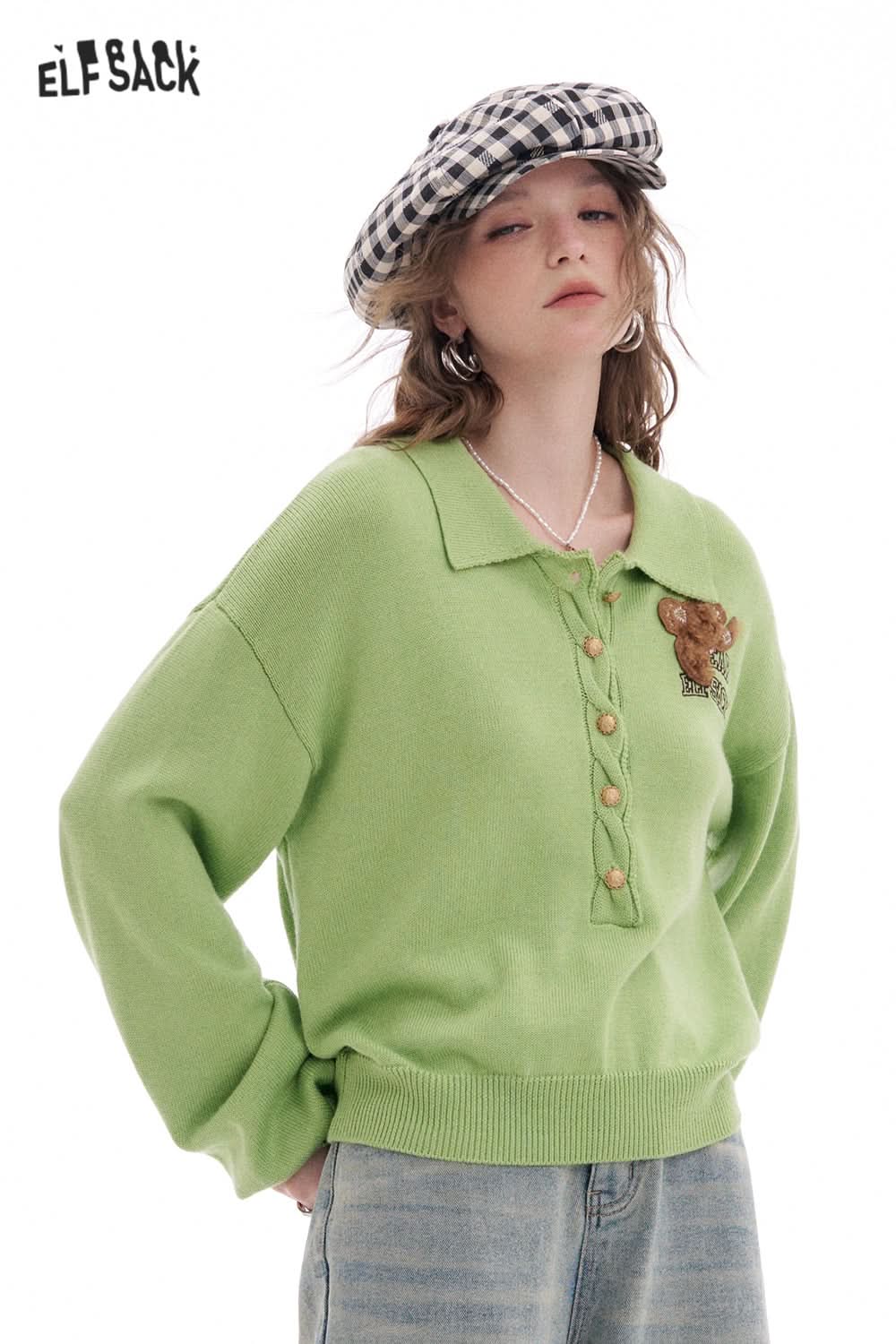 ELFSACK Polo Collar Bear Patch Knit Pullover Women Korean Preppy Style Sweater