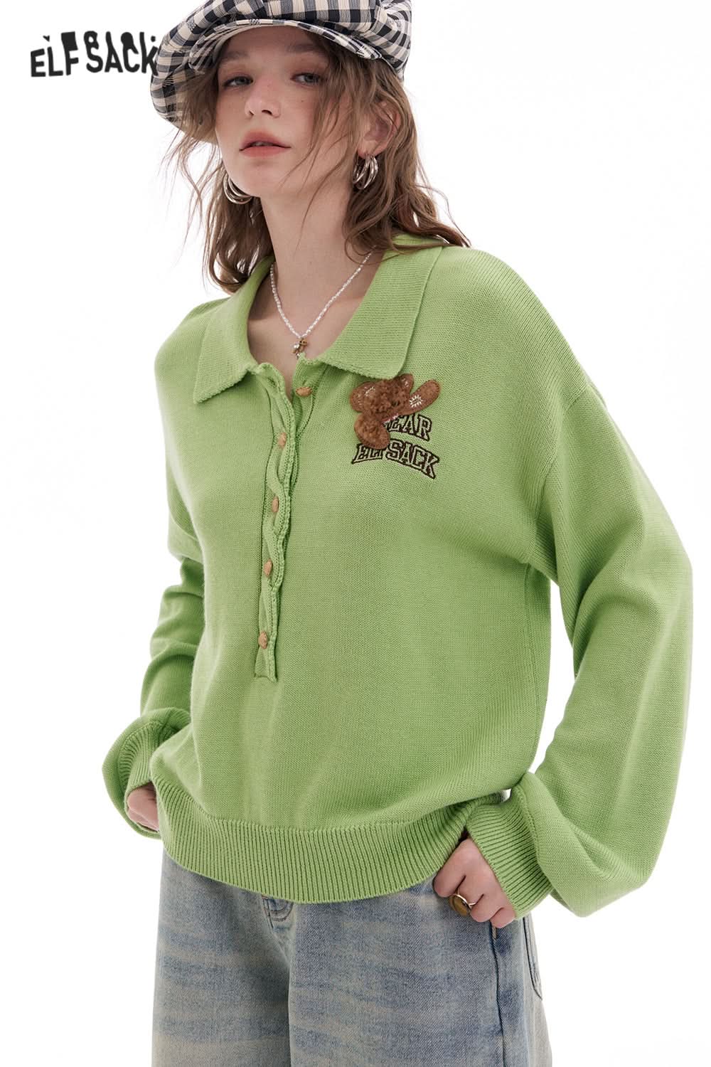 ELFSACK Polo Collar Bear Patch Knit Pullover Women Korean Preppy Style Sweater