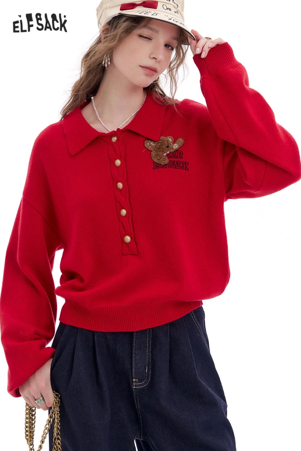 ELFSACK Polo Collar Bear Patch Knit Pullover Women Korean Preppy Style Sweater