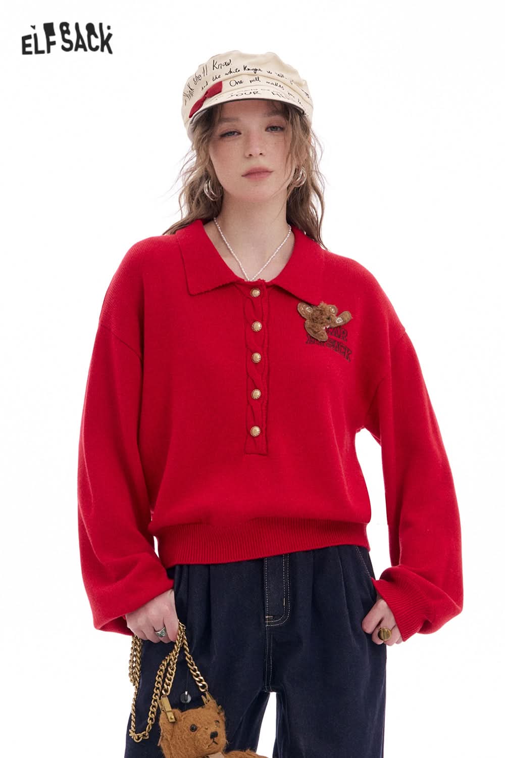 ELFSACK Polo Collar Bear Patch Knit Pullover Women Korean Preppy Style Sweater
