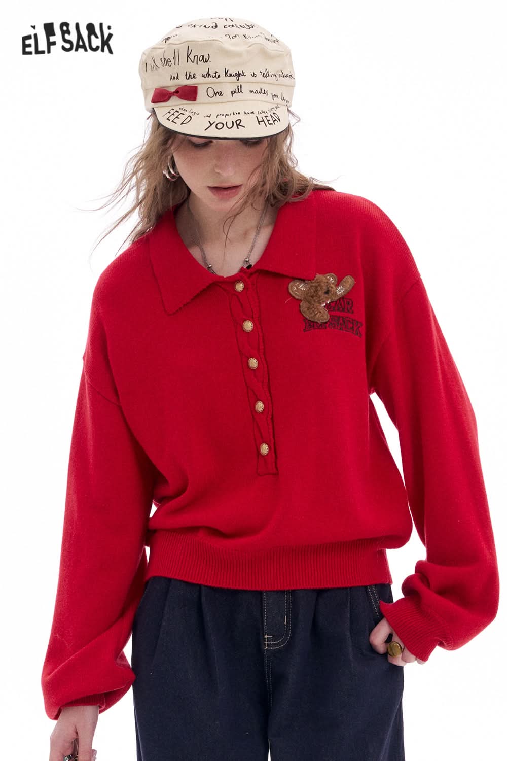 ELFSACK Polo Collar Bear Patch Knit Pullover Women Korean Preppy Style Sweater