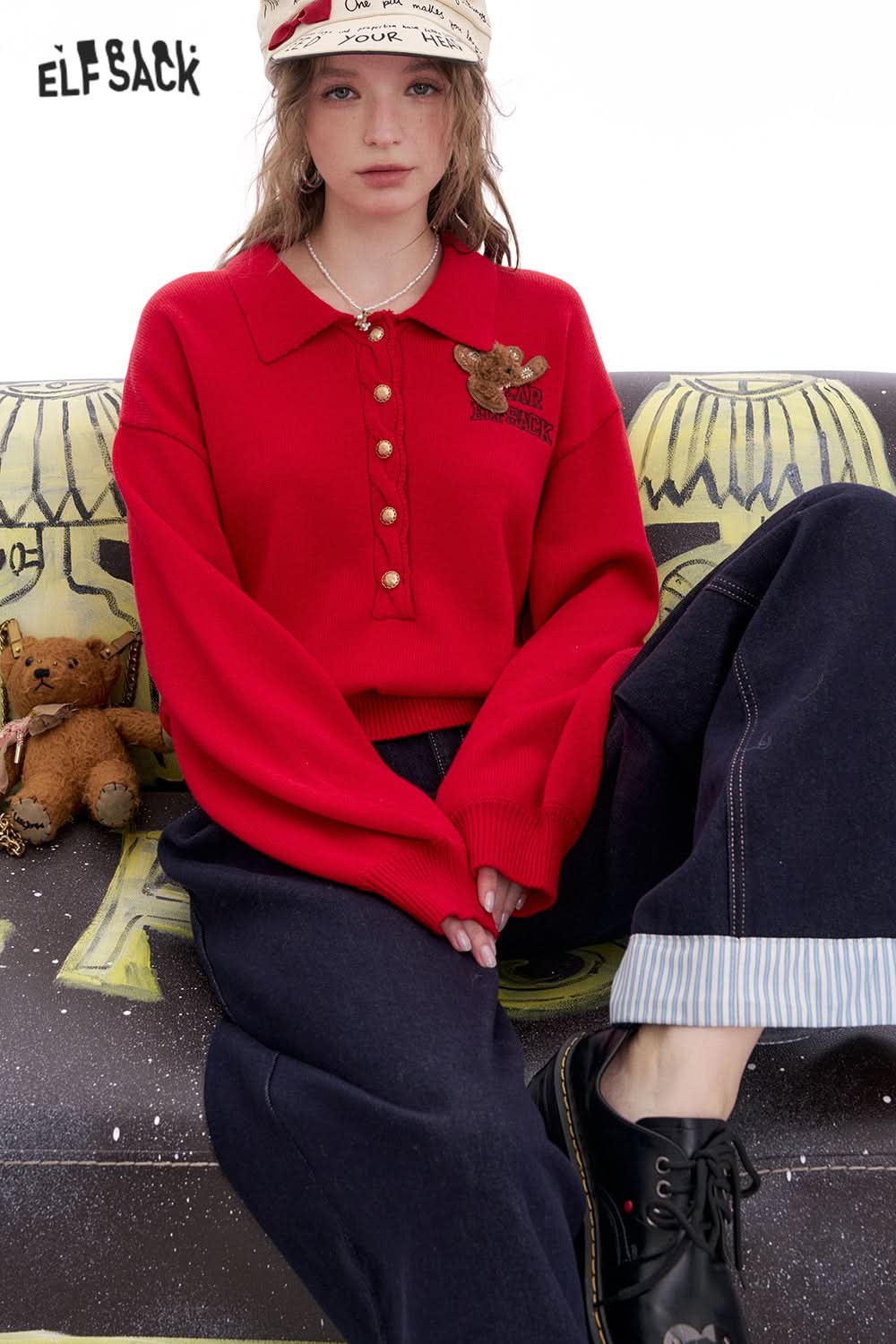 ELFSACK Polo Collar Bear Patch Knit Pullover Women Korean Preppy Style Sweater
