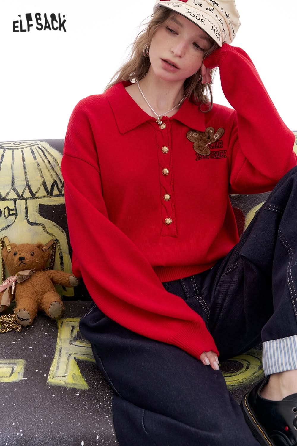 ELFSACK Polo Collar Bear Patch Knit Pullover Women Korean Preppy Style Sweater