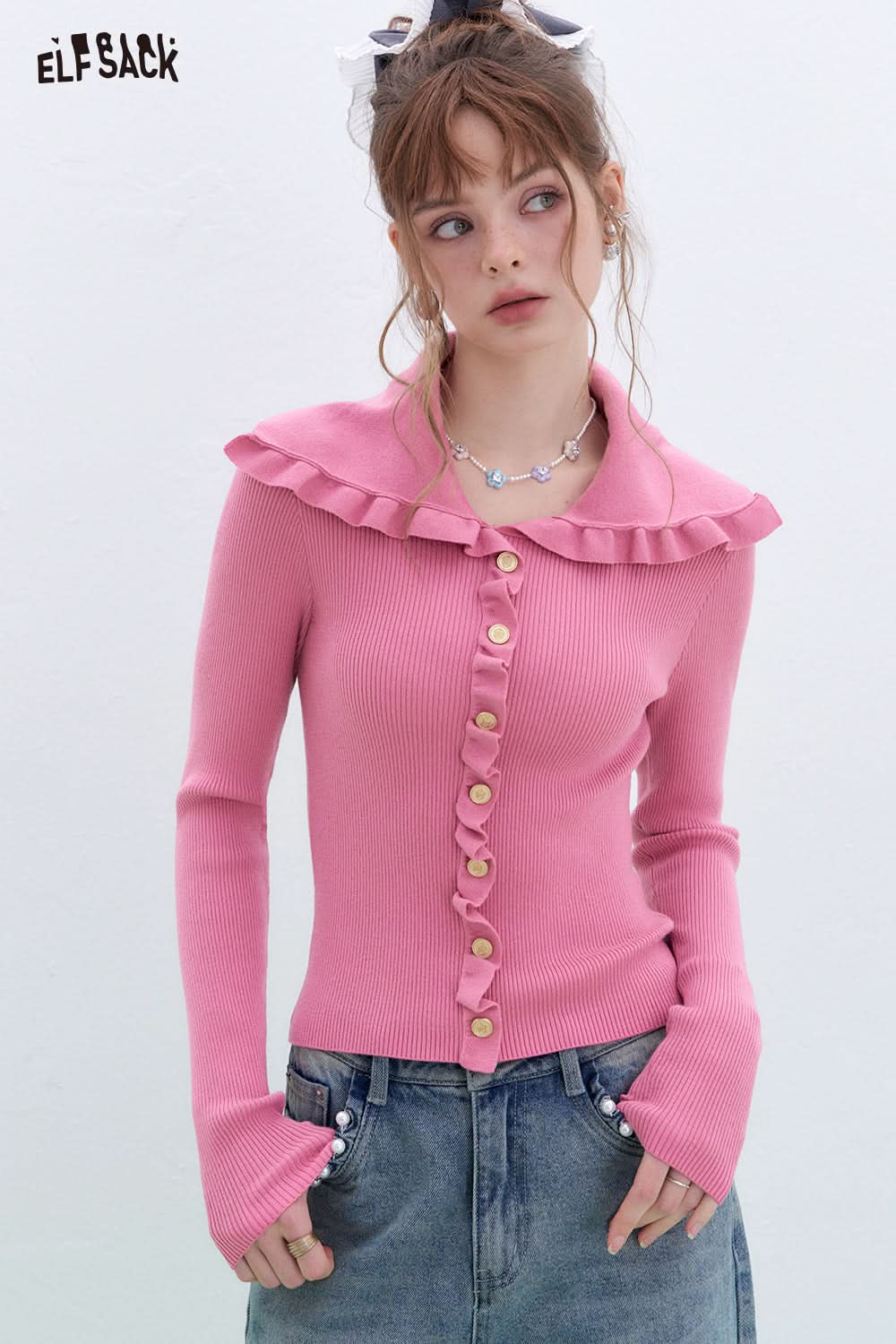 ELFSACK Y2K Ruffles Slim Fit Sweater Women Sweet Korean Pullover