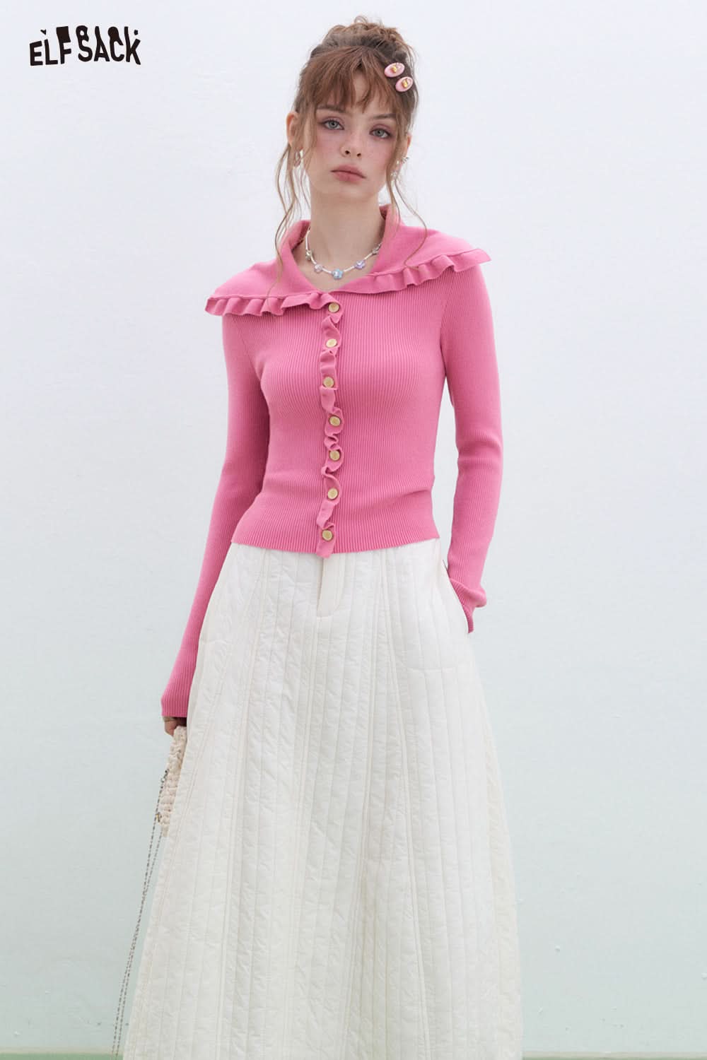 ELFSACK Y2K Ruffles Slim Fit Sweater Women Sweet Korean Pullover