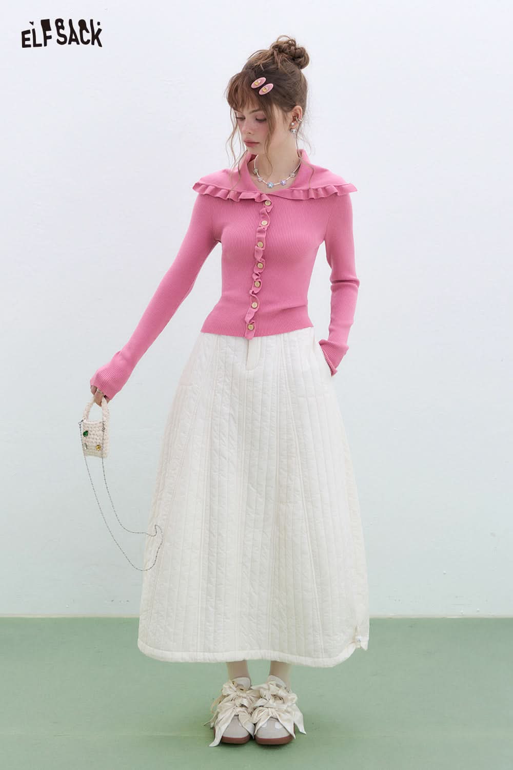 ELFSACK Y2K Ruffles Slim Fit Sweater Women Sweet Korean Pullover