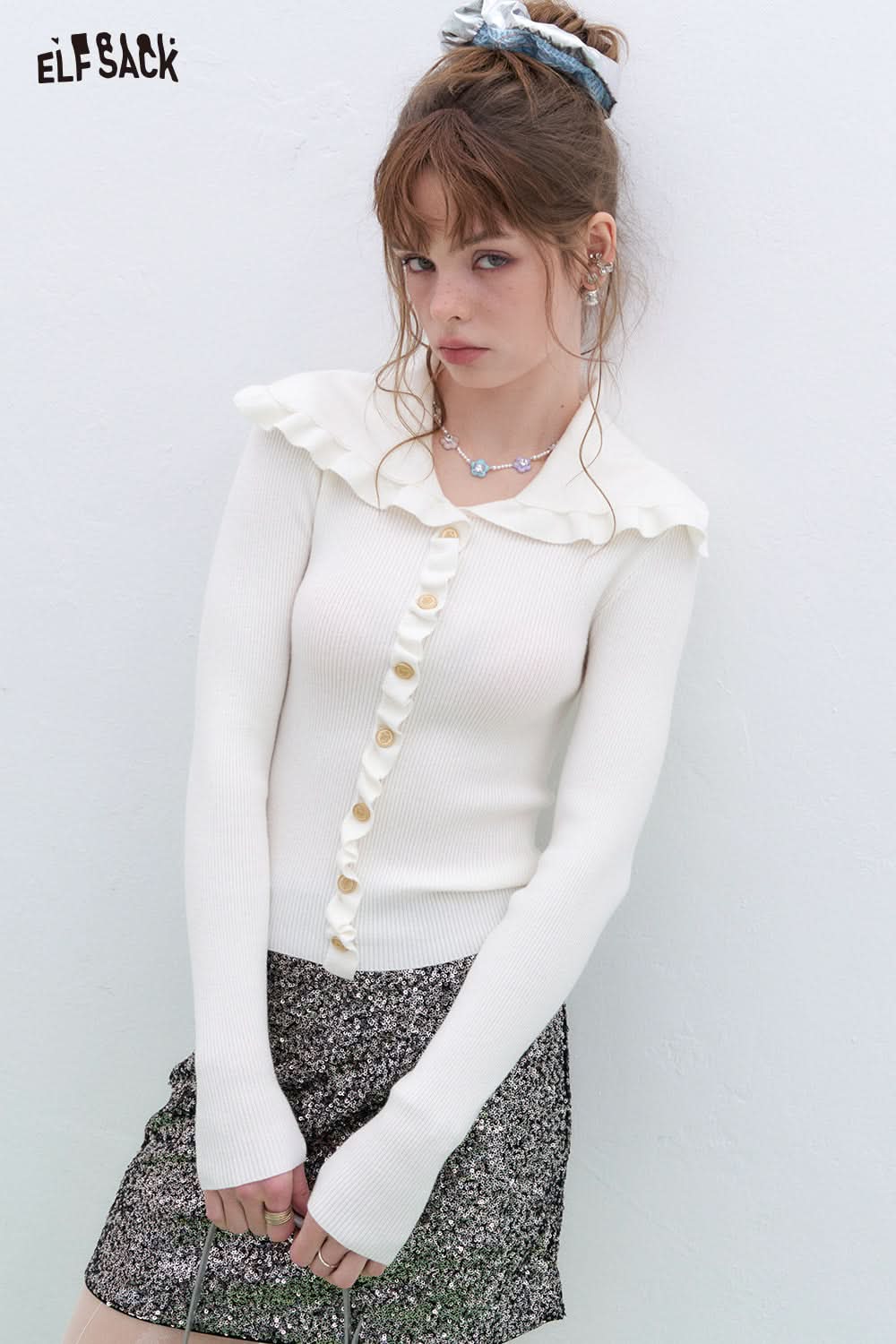 ELFSACK Y2K Ruffles Slim Fit Sweater Women Sweet Korean Pullover