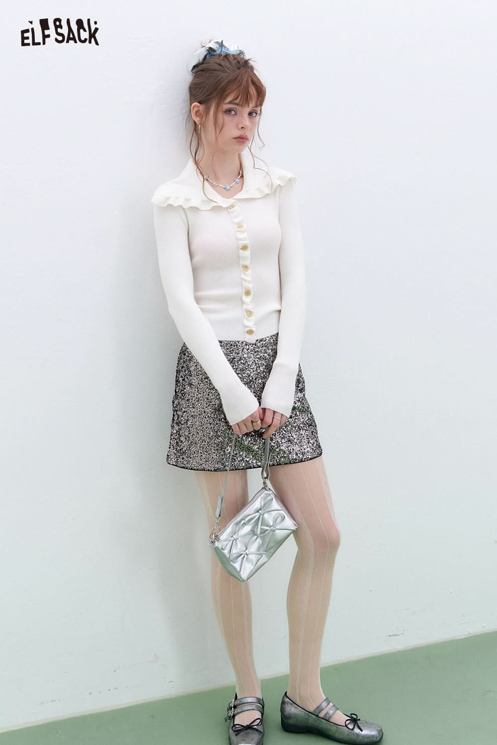 ELFSACK Y2K Ruffles Slim Fit Sweater Women Sweet Korean Pullover