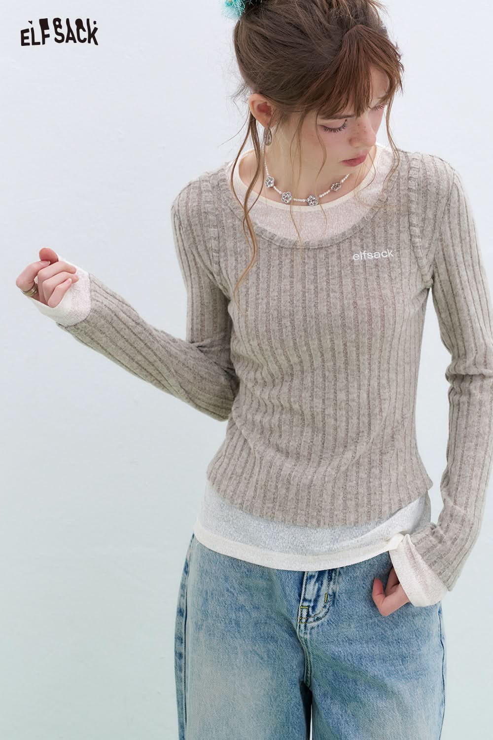 ELFSACK Retro fake two-piece stitching knitted pullover Round neck long sleeve Korean style top