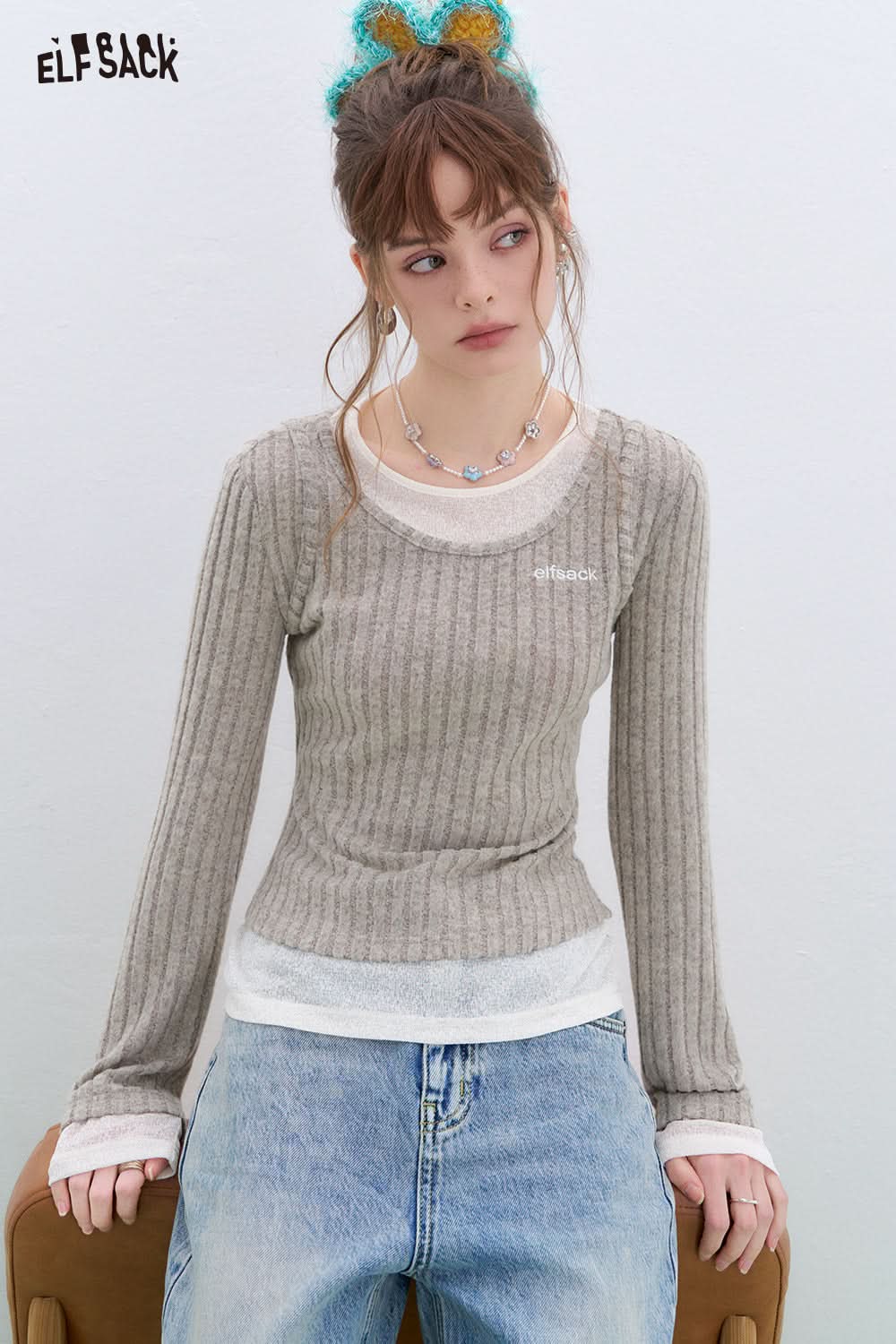 ELFSACK Retro fake two-piece stitching knitted pullover Round neck long sleeve Korean style top