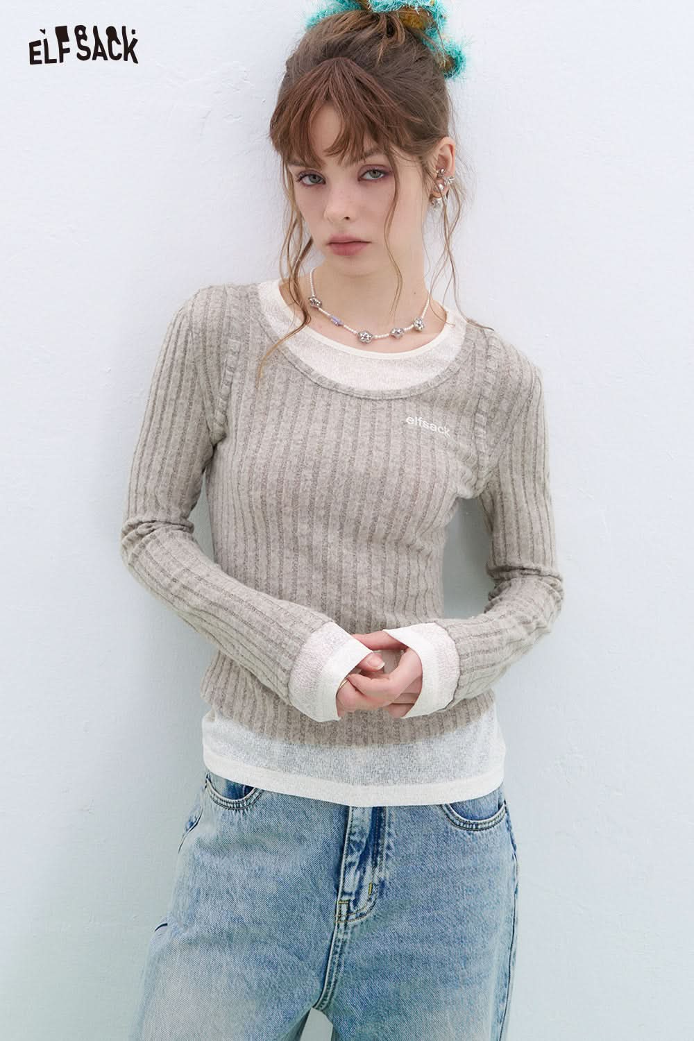 ELFSACK Retro fake two-piece stitching knitted pullover Round neck long sleeve Korean style top