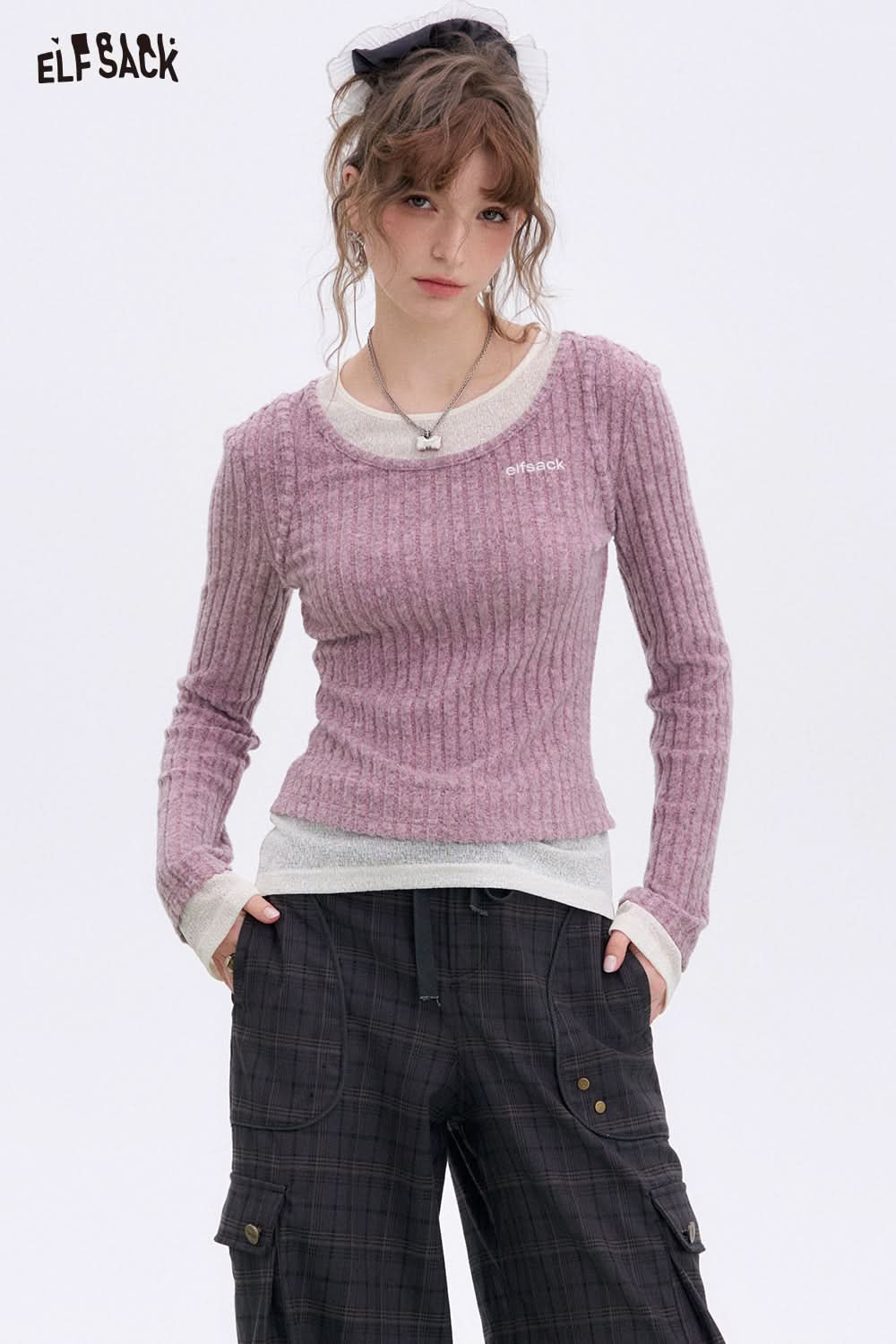 ELFSACK Retro fake two-piece stitching knitted pullover Round neck long sleeve Korean style top