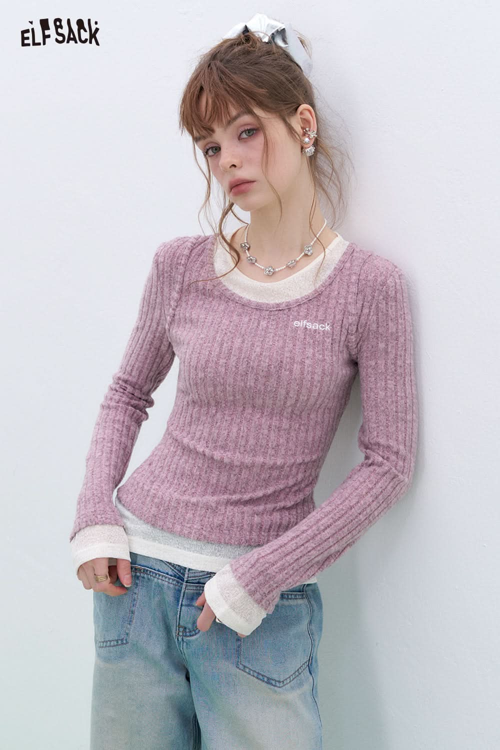 ELFSACK Retro fake two-piece stitching knitted pullover Round neck long sleeve Korean style top