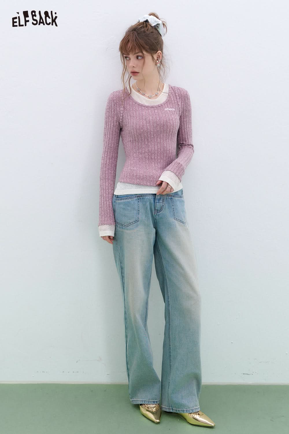 ELFSACK Retro fake two-piece stitching knitted pullover Round neck long sleeve Korean style top