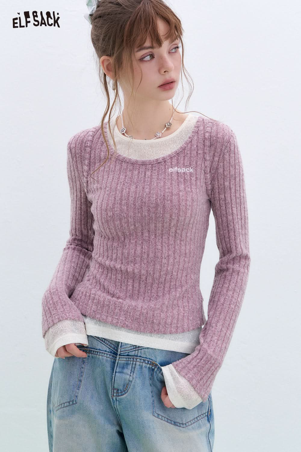 ELFSACK Retro fake two-piece stitching knitted pullover Round neck long sleeve Korean style top
