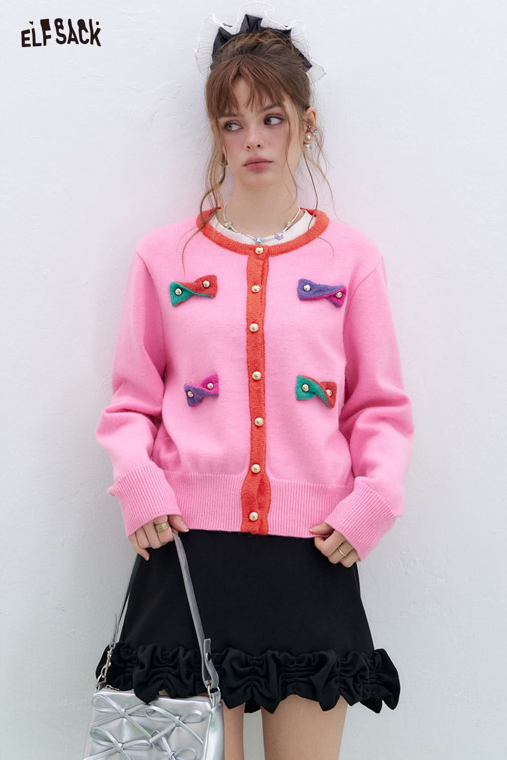 ELFSACK Y2K Dopamine Contrast Color Bowknot Knitted Cardigan Women Round Neck Long Sleeve Korean Top