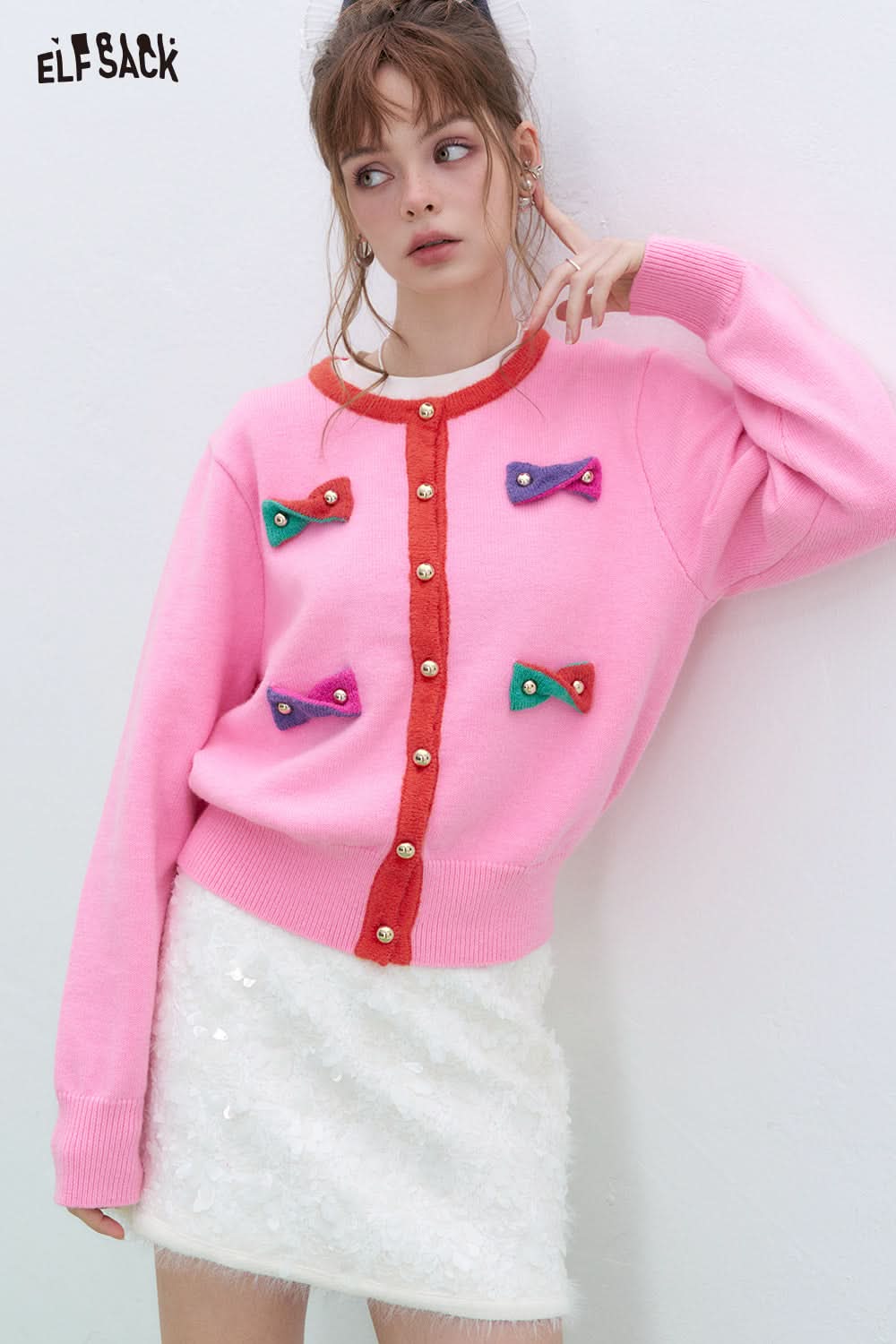 ELFSACK Y2K Dopamine Contrast Color Bowknot Knitted Cardigan Women Round Neck Long Sleeve Korean Top